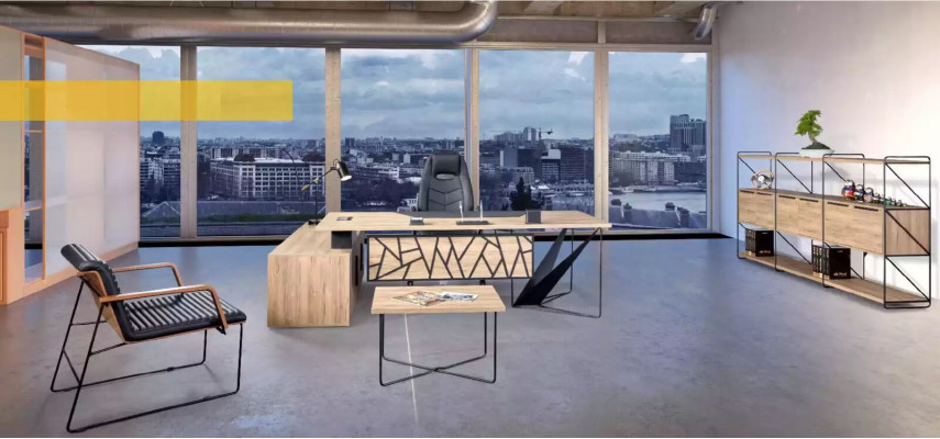 Ontwerper metalen salontafel houten meubels thuiskantoor inrichting kantoormeubilair