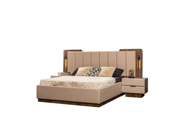 Tweepersoonsbedset Nachtkastjes Beige Stof 5-delig Kaptafel Kast Bed