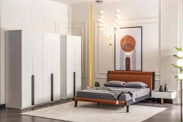 Slaapkamermeubels Tweepersoonsbed Bed Nachtkastjes Oranje Kastenset 5-delig