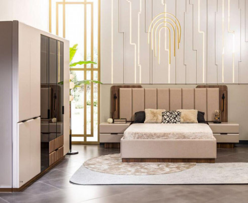 Luxe tweepersoonsbed set slaapkamer nachtkastjes 4-delig beige kast