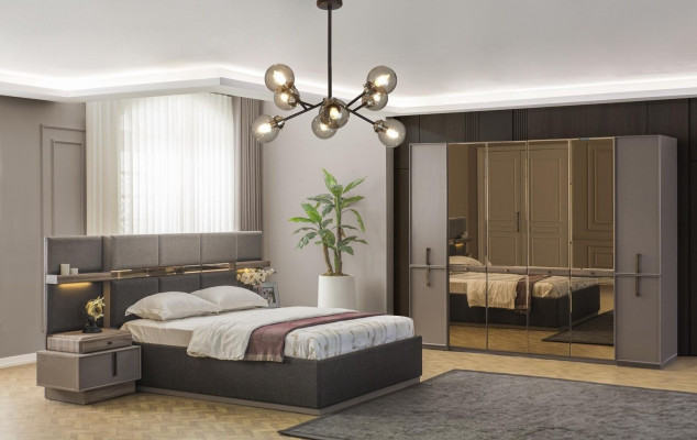 Slaapkamer set dubbel bed bed nachtkastjes kast 4-delig grijs.