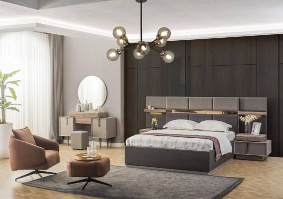 Slaapkamer Compleet tweepersoonsbed Bed Nachtkastjes Console 6-delig Grijs