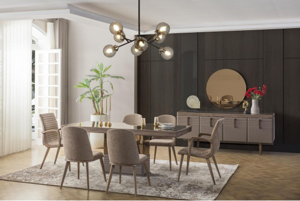 Luxe eethoek eetkamer eettafel eetgroep stoelen grijs hout set 9-delig.