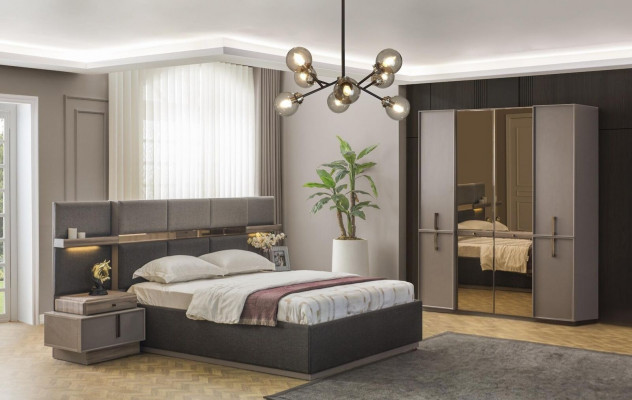Tweepersoonsbed Complete slaapkamer Bed 4-delig Grijs Nachtkastjes Kast
