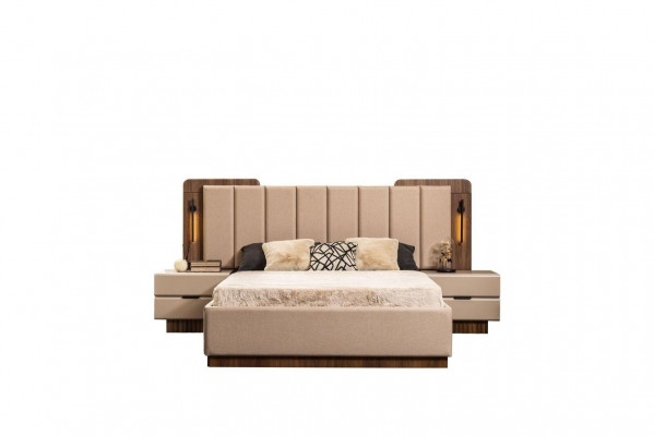 Slaapkamer set Tweepersoonsbed Nachtkastjes Beige Stof 4 delen Make-up