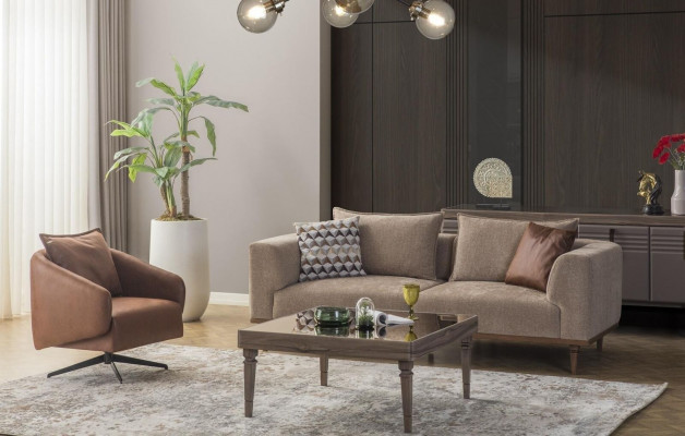 Bankstel driezits fauteuil gestoffeerde bank moderne stoffen bankstel bruin set
