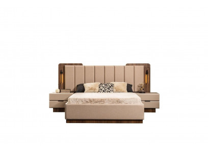 Compleet slaapkamer tweepersoonsbed bed nachtkastjes beige stof 3-delig
