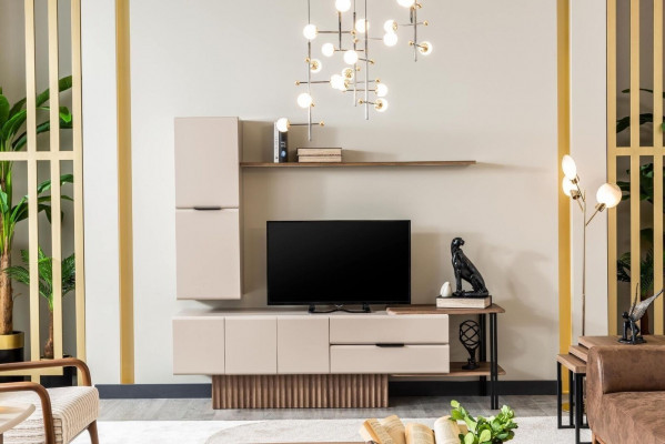 Woonkamer TV-standaard Wandkast RTV Lowboard Beige Houten planken
