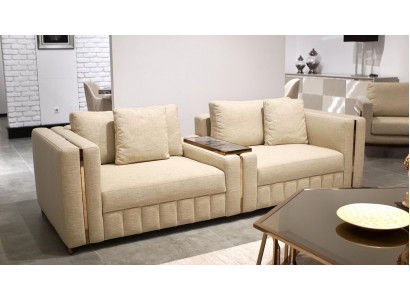 Moderne woonkamerbank tweezits beige textiel gestoffeerd meubilair inrichting ontwerp