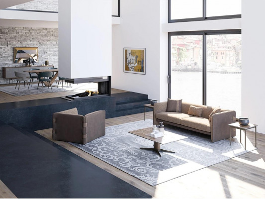 Woonkamer compleet bank driezitsbank gestoffeerd meubilair fauteuil design salontafel