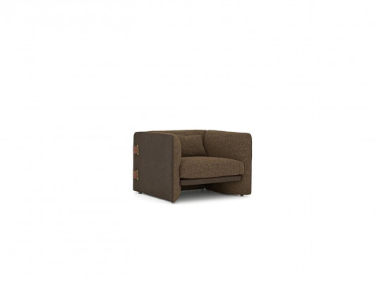 Bruine fauteuil woonkamer inrichting luxe textiel gestoffeerd meubilair modern design.
