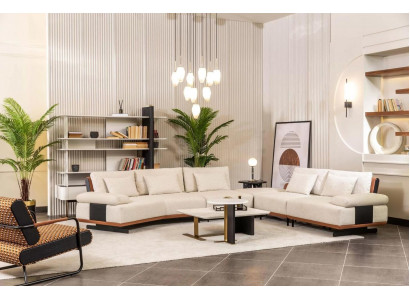 Set hoekbank L-vorm fauteuil stoffen bank salontafels gestoffeerde bank beige