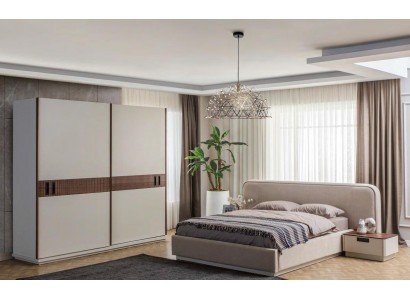 Groot beige textiel tweepersoonsbed houten kledingkast Moderne nachtkastjes