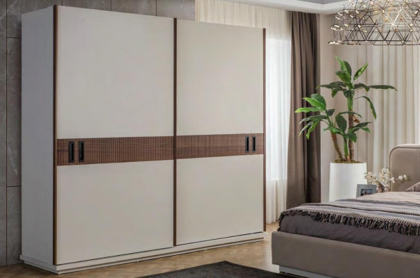 Groot beige textiel tweepersoonsbed houten kledingkast Moderne nachtkastjes