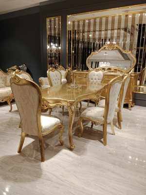 Klassieke eettafel + 6 stoelen + dressoir met spiegel Goud Houten commode Nieuw