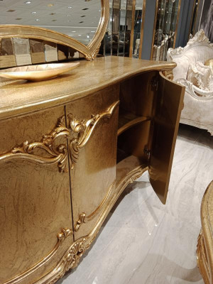 Klassieke eettafel + 6 stoelen + dressoir met spiegel Goud Houten commode Nieuw