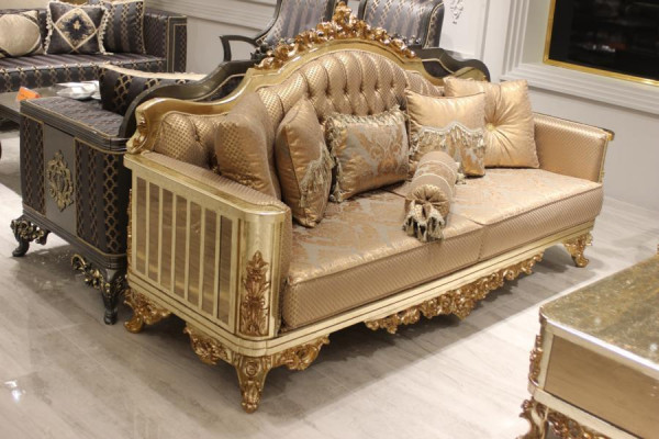 Chesterfield Bankstel Set 3+1+1 Groep Complete Set Fauteuil Bank Goud Textiel Garnituur
