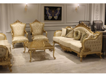 Klassiek bankstel 3-zitsbank bankstel houten fauteuil textiel compleet nieuw