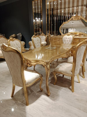 Klassiek Gouden Eetkamerset Houten Tafel Eettafel + 4x Stoelen Keuken Hout Nieuw