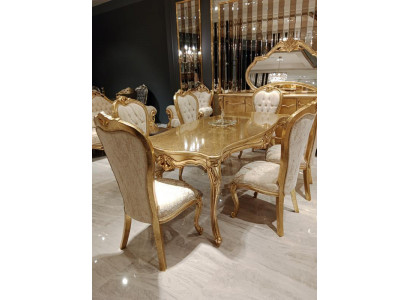 Klassiek Gouden Eetkamerset Houten Tafel Eettafel + 4x Stoelen Keuken Hout Nieuw