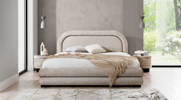Slaapkamer set Designer Beige Tweepersoonsbed 2x Stoffen nachtkastjes