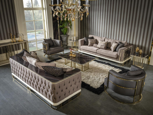 Woonkamerset Bruin Bankstel 2x Fauteuil Elegant Meubilair Metaal 7-delig. -> Woonkamerset Bruin Bankstel 2x Fauteuil Elegant Meubilair Metaal 7-delig.