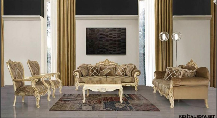 Exclusieve zitbankset in beige kleur in barok-rococo-stijl 3 + 3 + 1 + 1 + salontafel