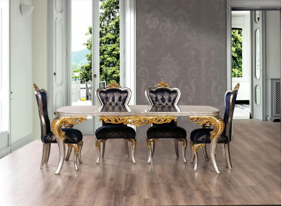 Voortreffelijke gouden eetkamerset eettafel met x4 Chesterfield stoelen luxe meubels