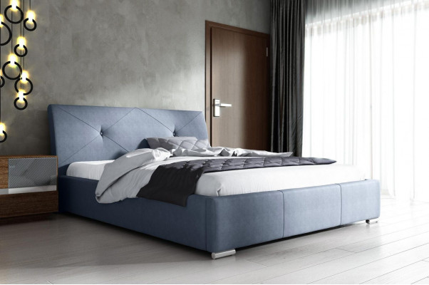 Blauw gestoffeerd tweepersoonsbed hotelbedden slaapkamer bedframe stof blauw hout