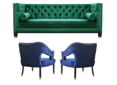 Groene bankstel 3-delig set bankstellen zitkussens Chesterfield set fluweel