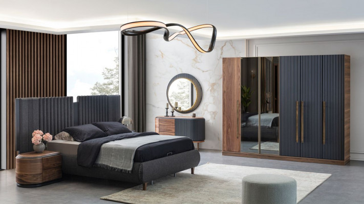 Zwart-beige slaapkamer set, ontwerper tweepersoonsbed, 2 nachtkastjes.