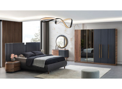 Zwart-beige slaapkamer set, ontwerper tweepersoonsbed, 2 nachtkastjes.