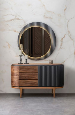Zwart-beige slaapkamer set, ontwerper tweepersoonsbed, 2 nachtkastjes.