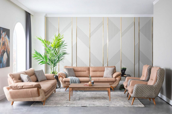 Zachte stoel op houten poten om te ontspannen in de woonkamer Nieuw.