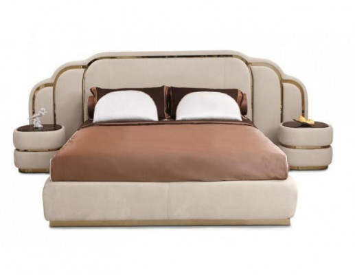 Beige slaapkamermeubels bed 2x nachtkastjes hout set luxe 3-delig