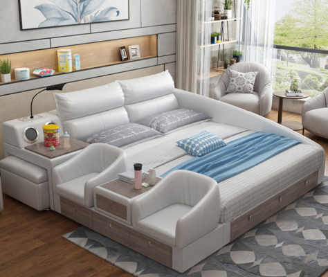 Bed Multifunctionele plank USB-oplaadstation Dubbel Lederen bedden 180x200
