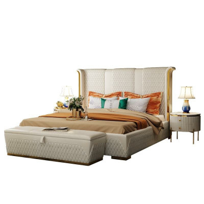 Tweepersoonsbed, klassiek bed, designer gestoffeerde bedden frame, textiel, leer, wit