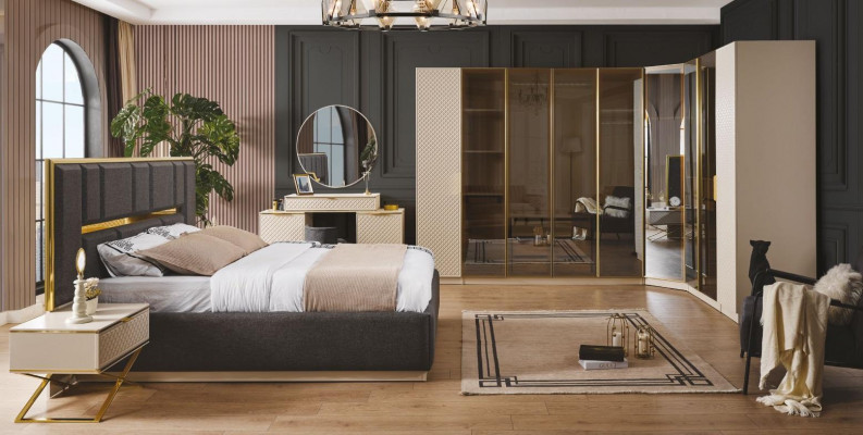 Elegant Slaapkamerset 6-delig luxueus Beige Meubels Houten Hoekkast Nachtkastje
