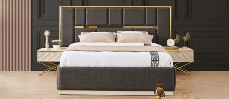 Elegant slaapkamerset van 3-delig modern luxe meubilair in beige tinten.
