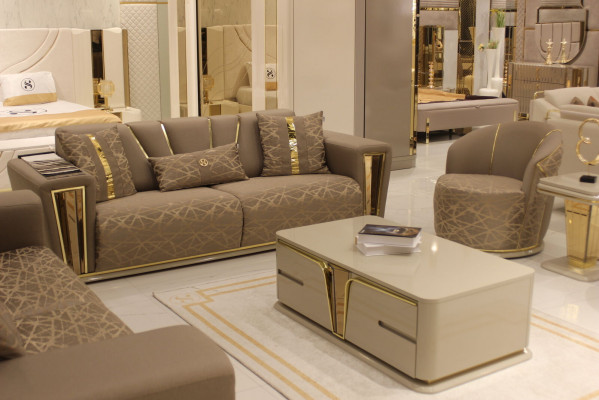 Sofa set compleet modern 3+3+1+1 zitsbank + salontafel textiel bank hout