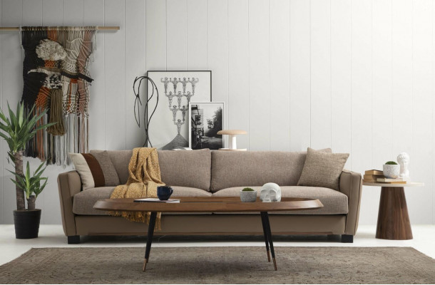 Bankstel 3-zits fauteuil Driezits Modern Stof Beige Set Design
