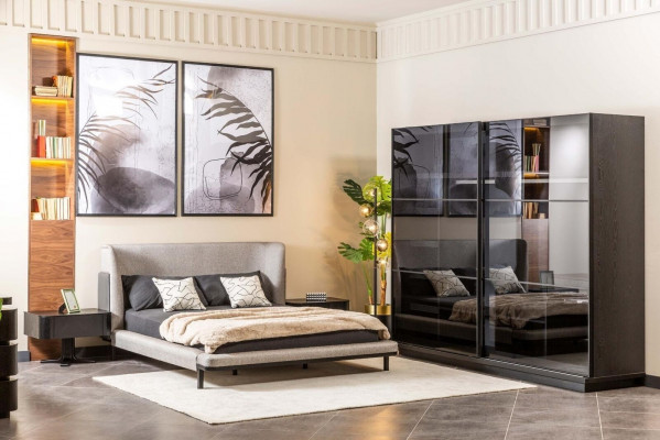 Modern slaapkamer set Designer tweepersoonsbed x2 Nachtkastjes Glazen kast
