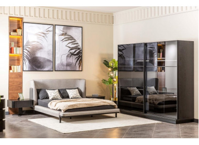 Modern slaapkamer set Designer tweepersoonsbed x2 Nachtkastjes Glazen kast