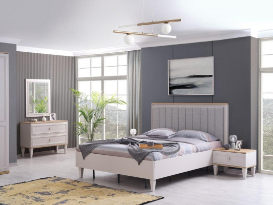 Moderne slaapkamer set tweepersoonsbed bed nachtkastjes grijs hout set 5-delig