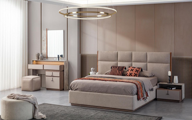 Luxe slaapkamermeubilair tweepersoonsbed nachtkastjes grijs 6-delige kast bed