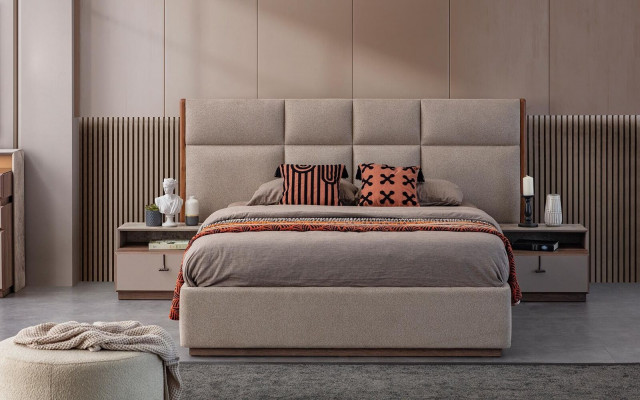 Tweepersoons slaapkamer bed nachtkastjes Grijs set van 3 st. Bedlade