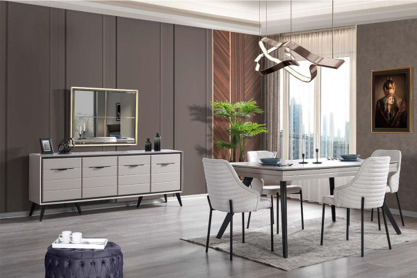 Moderne eetkamer houten meubels luxe dressoir spiegel eettafel 6 stoelen