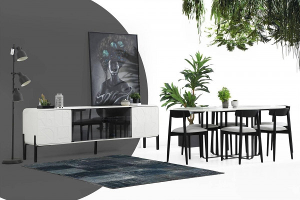 Moderne eetkamer ontwerper groep eettafel stoelen dressoir tafel hout set 6-delig wit