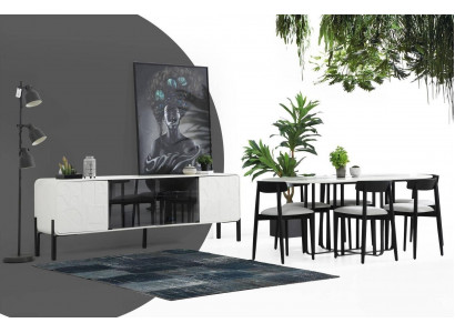 Moderne eetkamer ontwerper groep eettafel stoelen dressoir tafel hout set 6-delig wit
