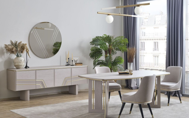 Stijlvolle eetkamerset ontwerper eettafel 4x stoelen dressoir spiegel